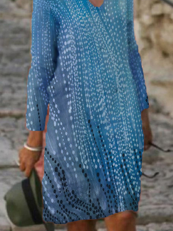 Printed Long Sleeve V Neck Cotton-Blend Casual Weaving Dress