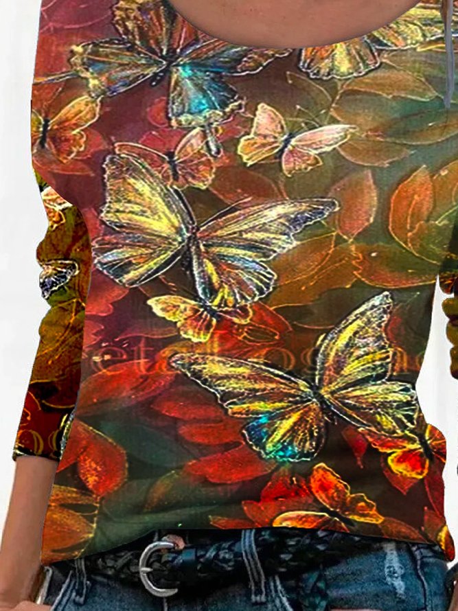 Long Sleeve Crew Neck Butterfly T-shirt