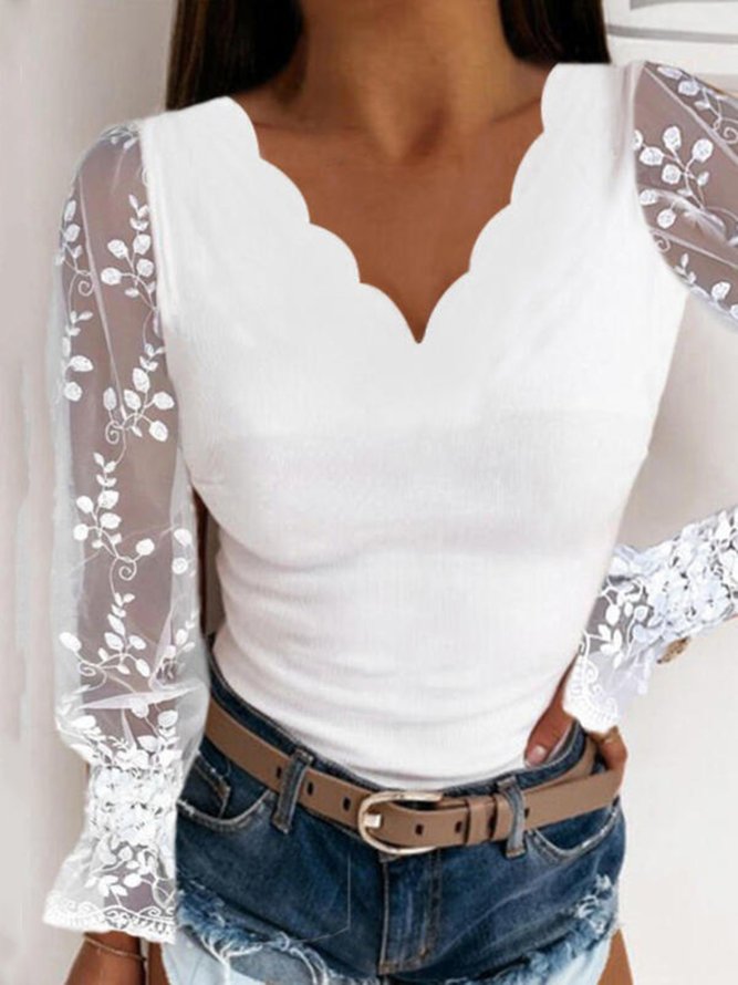 White V Neck Paneled Lace Basic Sexy Long Sleeve Top
