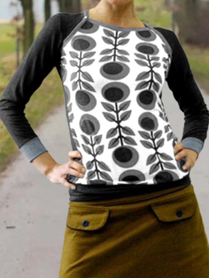 zolucky Casual Long Sleeve Floral-Print Crew Neck T-shirt