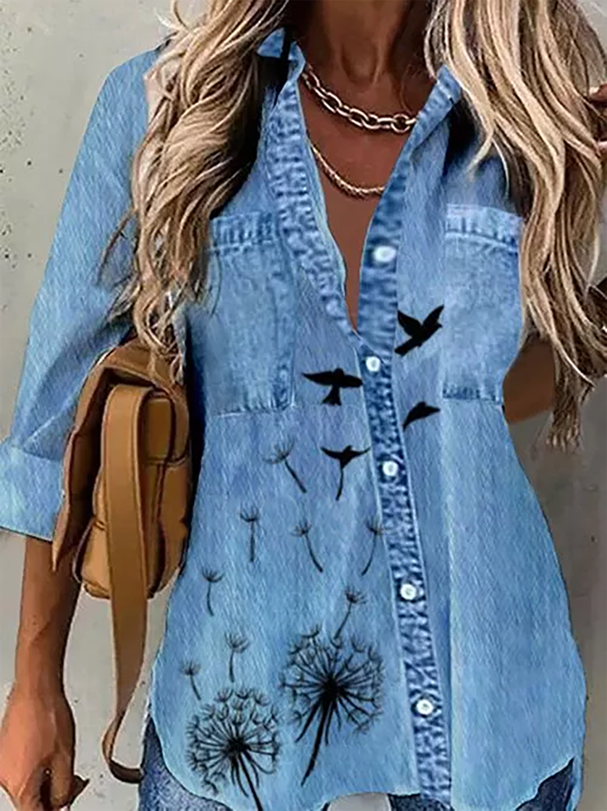 Denim Casual Printed Blouse