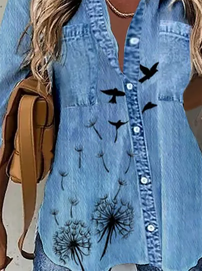 Denim Casual Printed Blouse