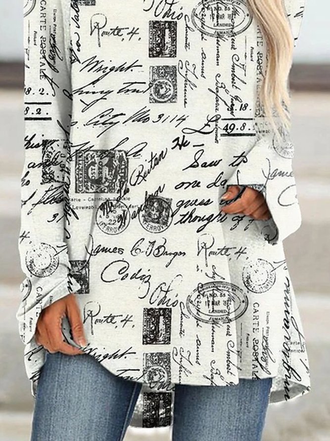 White Casual Posters Printed Long Sleeve Shift T-shirt