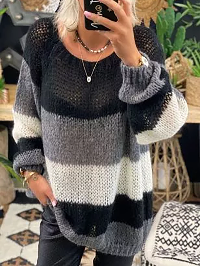 Plus size Long Sleeve Striped Casual Sweater