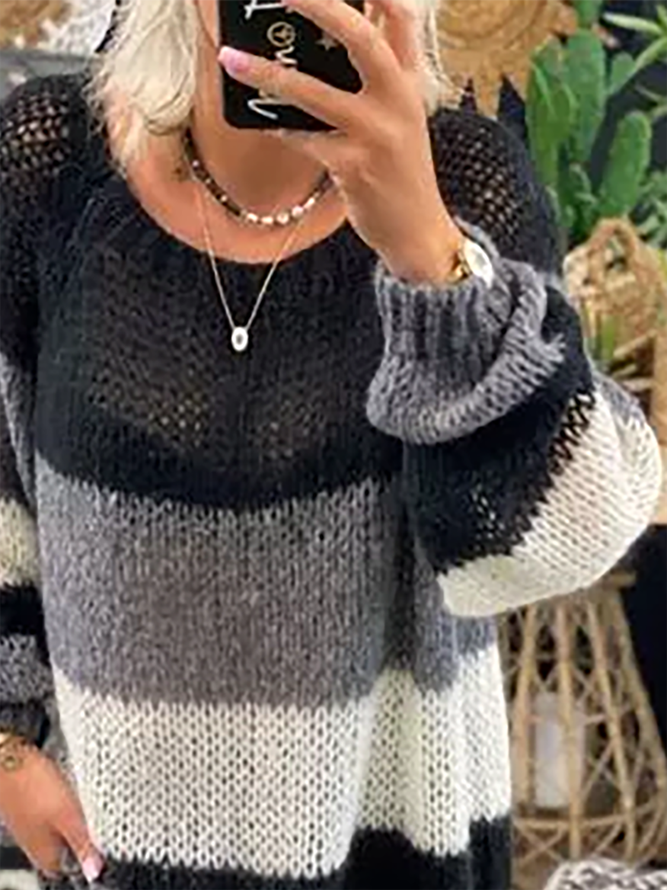 Plus size Long Sleeve Striped Casual Sweater