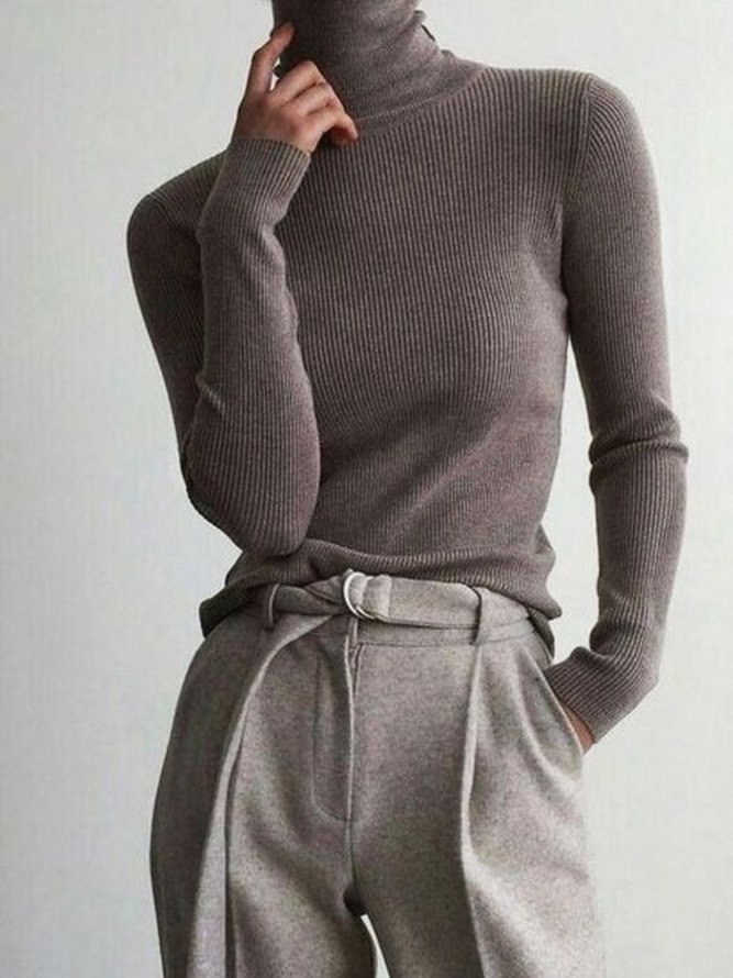 Khaki Basic Casual Turtleneck Knitted Long Sleeve Sweater