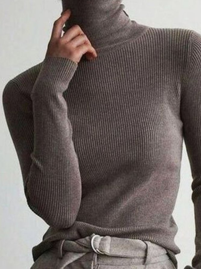 Khaki Basic Casual Turtleneck Knitted Long Sleeve Sweater