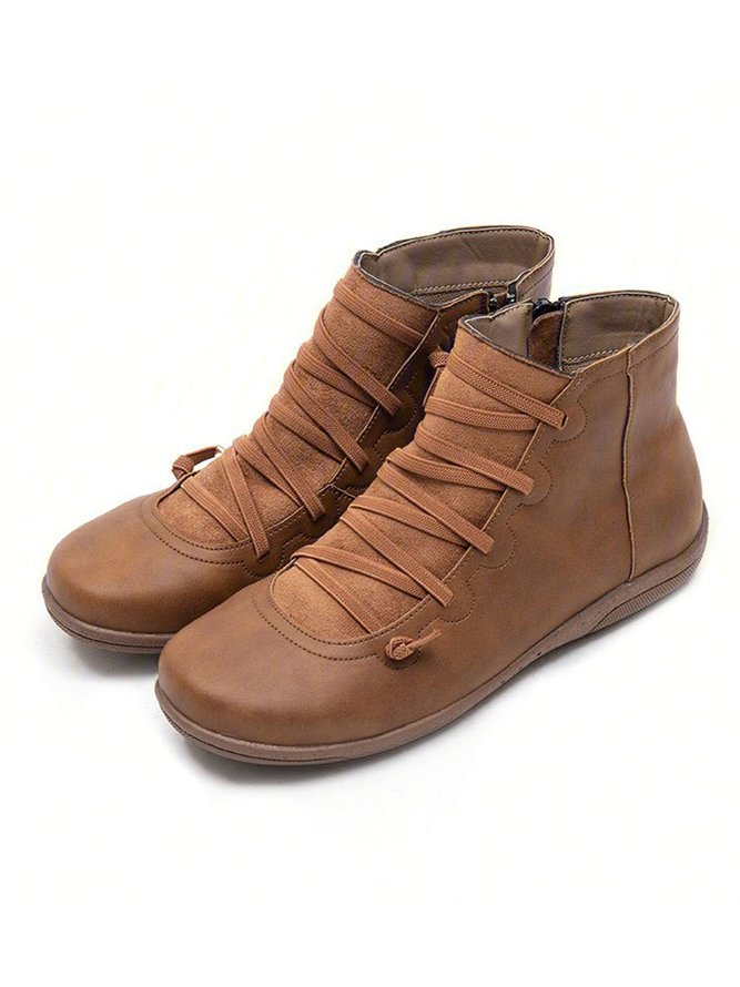 Women Leather Flat Heel PU Boots
