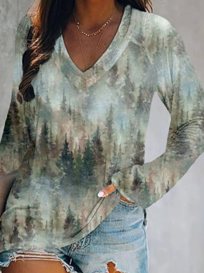 Casual Long Sleeve V Neck Printed Top T-shirt