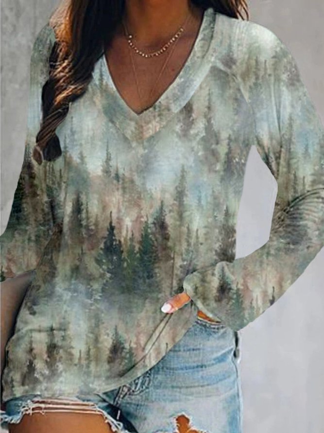 Casual Long Sleeve V Neck Printed Top T-shirt