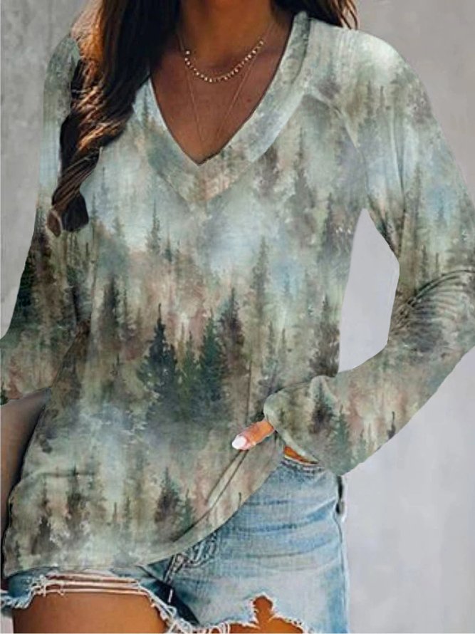 Casual Long Sleeve V Neck Printed Top T-shirt