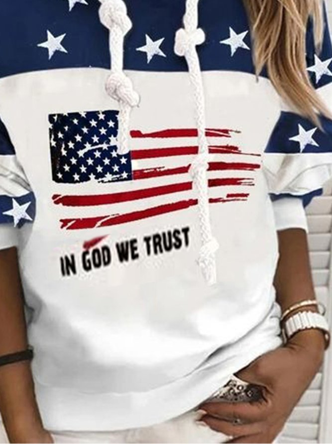 Color-block Stars Flag Letters Printed Hoodie Long Sleeve Casual Sweatshirt