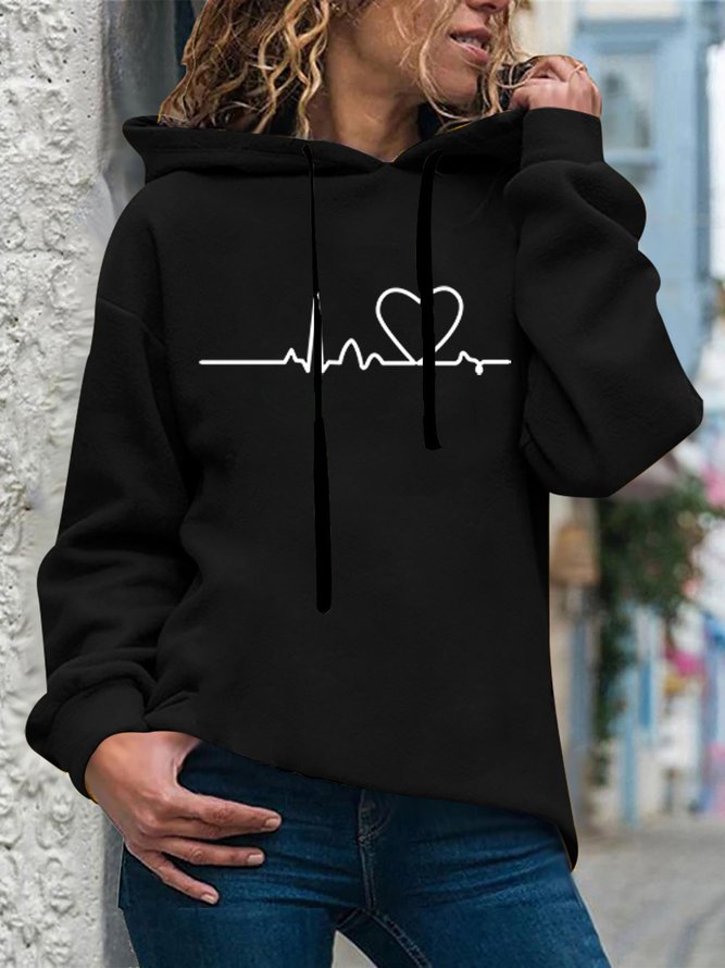 Casual Heart Beat Printed Long Sleeves Hooded Loosen Sweatshirts