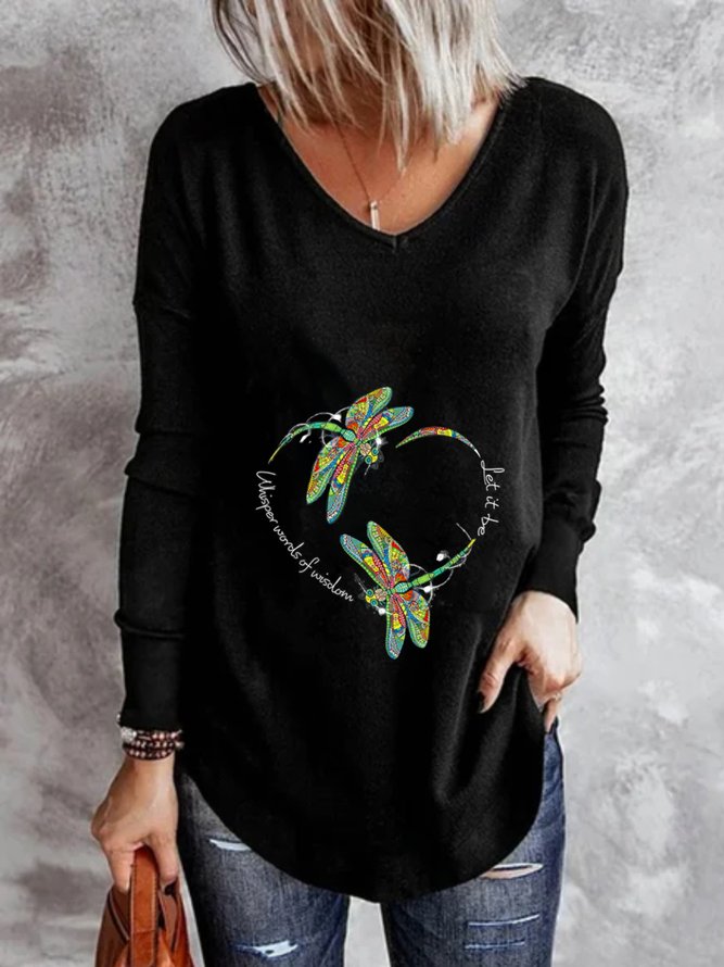 Casual Long Sleeve V Neck Printed Top T-shirt