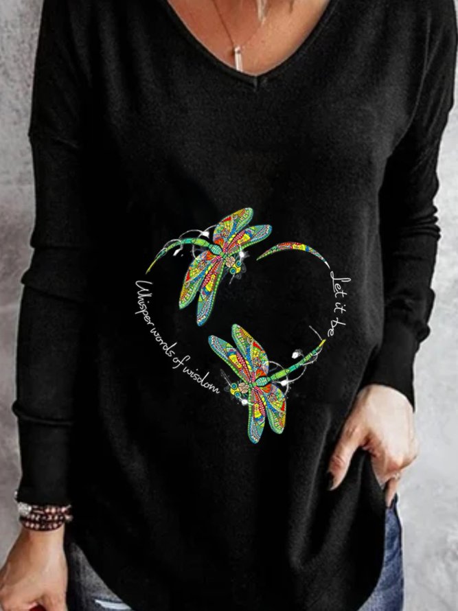 Casual Long Sleeve V Neck Printed Top T-shirt