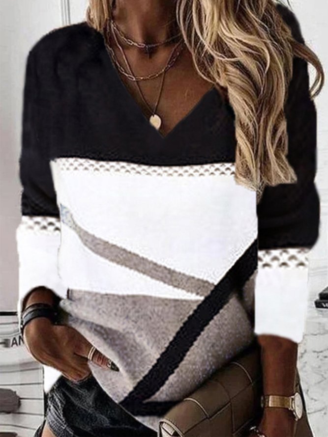 V neck Casual Striped Sweatshirt