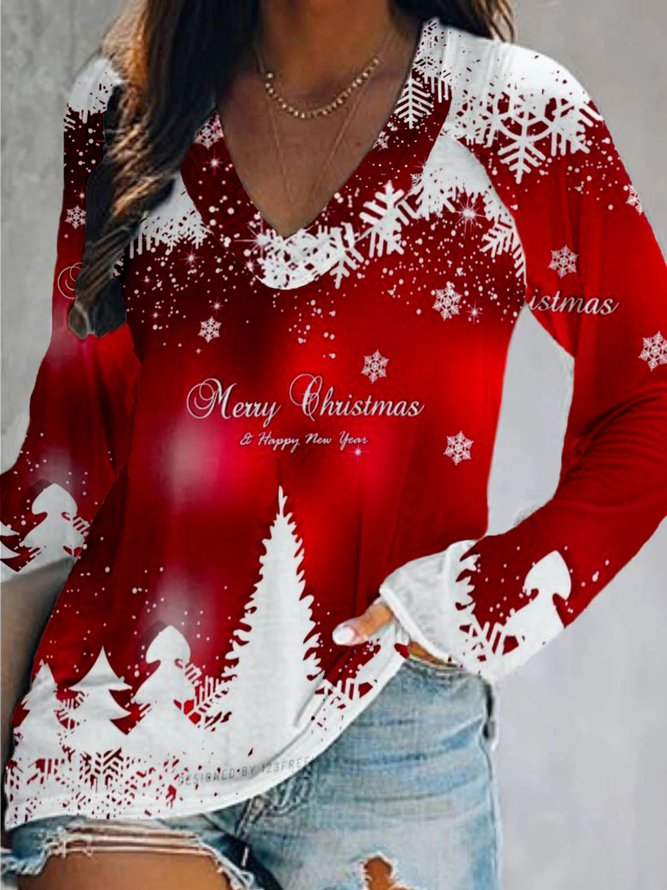 Christmas Xmas Long Sleeve V Neck Plus Size Printed Tops T-shirts