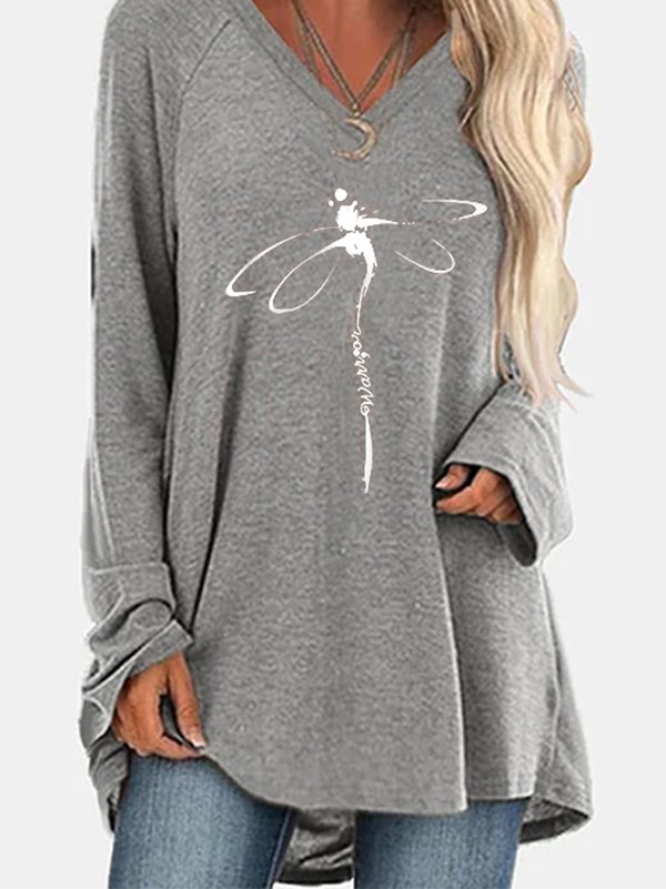 Dragonfly V Neck Long Sleeve Casual T-shirt
