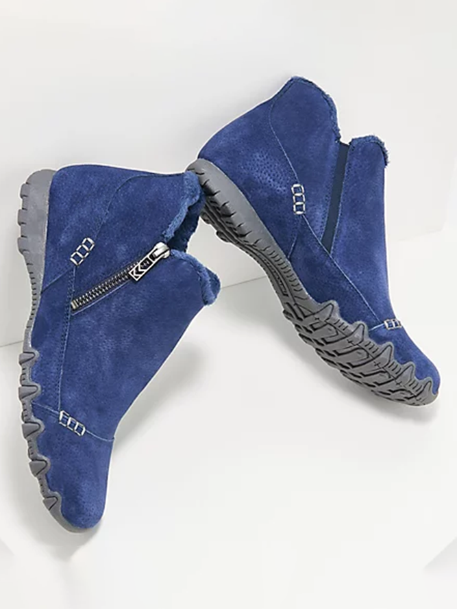 Faux Leather Panel Zip and Fleece Soft Ankle Ankle Boots