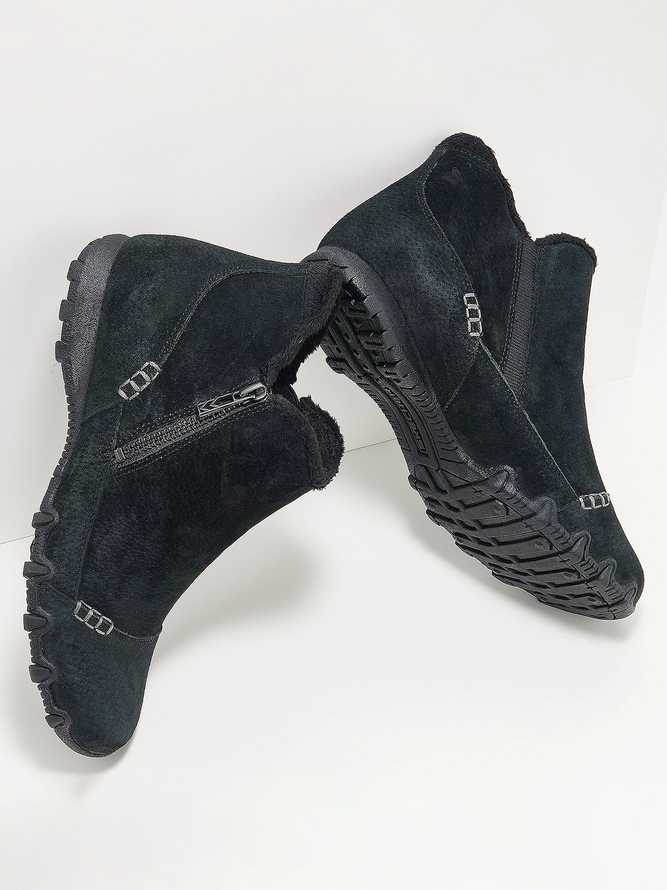 Faux Leather Panel Zip and Fleece Soft Ankle Ankle Boots