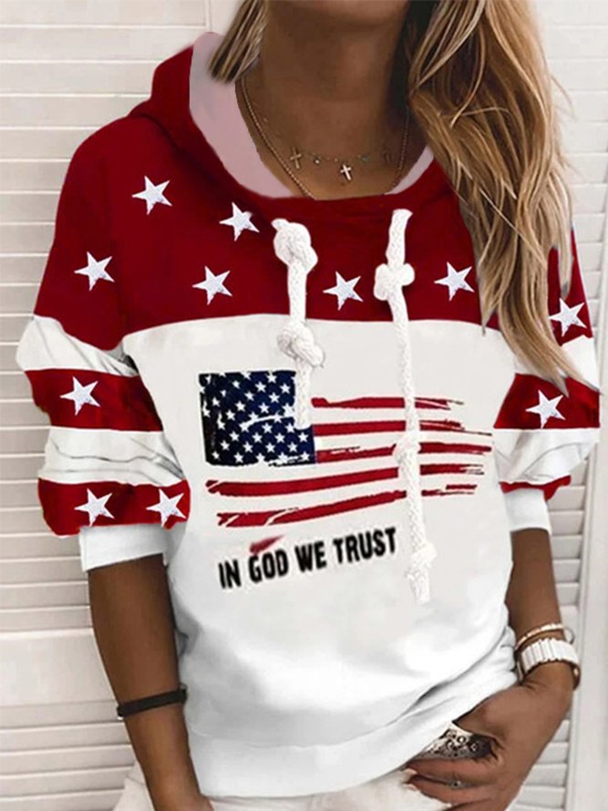 Color-block Stars Flag Letters Printed Hoodie Long Sleeve Casual Sweatshirt