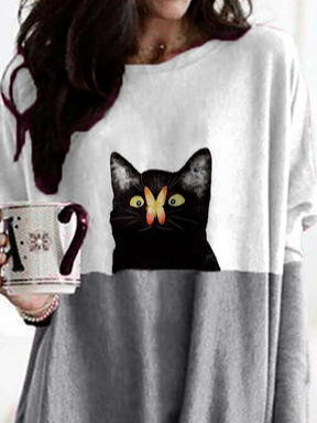 Plus size Cat Printed Casual Long Sleeve Knitting Dress