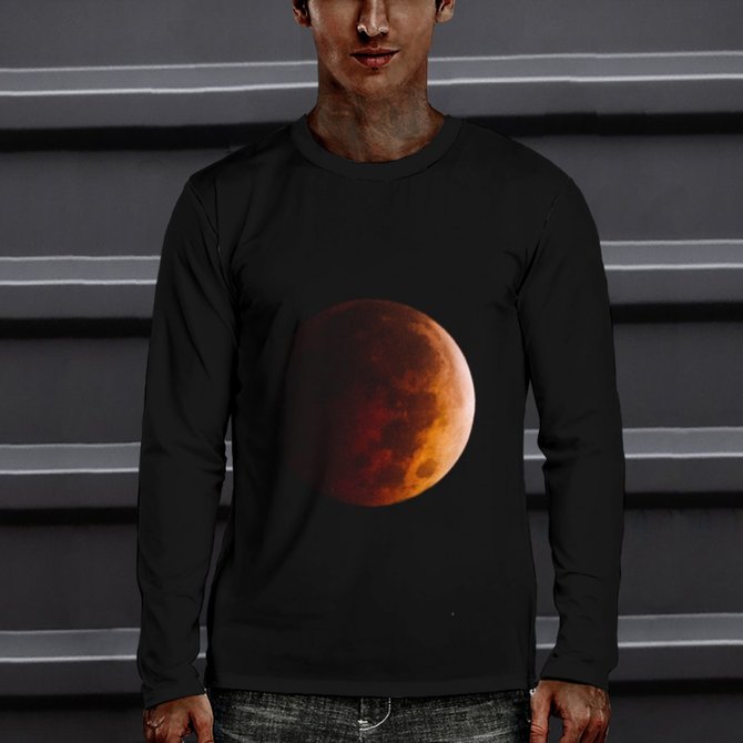 3D Digital Printing Red Moon Men's Casual Loose Long Sleeve T-shirt