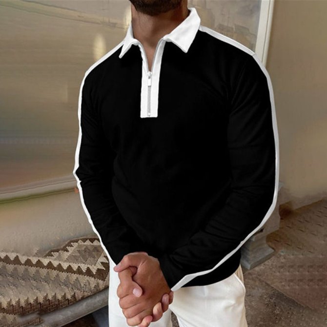 Men's long-sleeved lapel black and white color matching loose polo shirt men's polo shirt