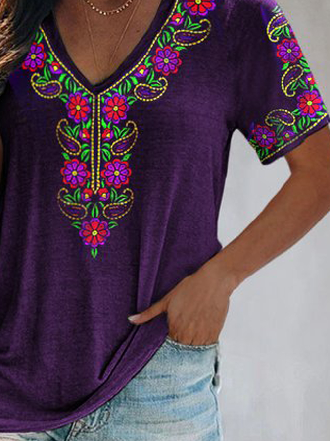 Boho Tribal Floral Printed Boho V Neck Cotton Blends Loosen Shirts & Tops