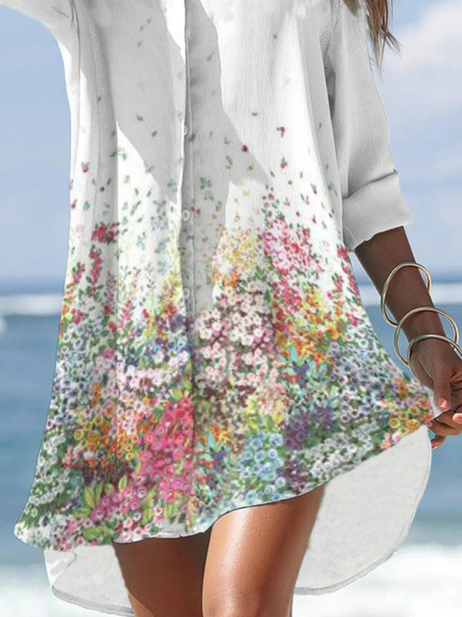 Vacation Floral PrintedShirt Collar Loosen Dresses