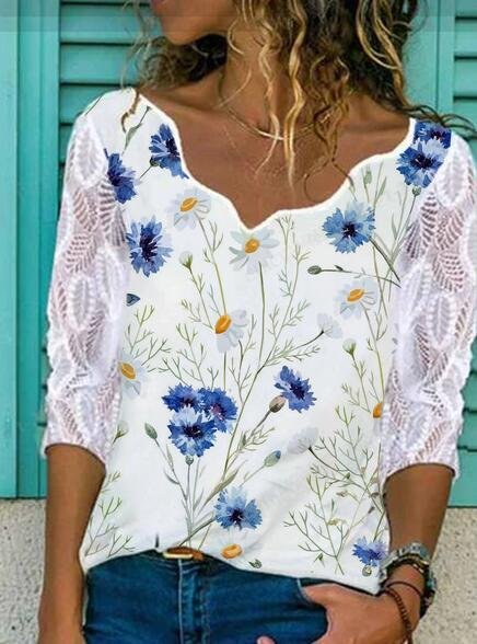 Floral Heart-Shaped Collar Shirts & Tops