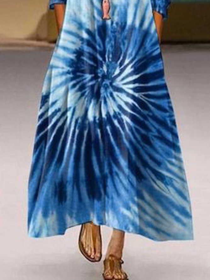 Casual Tie Dye Round Neck Long Sleeve A-line Loosen Dresses