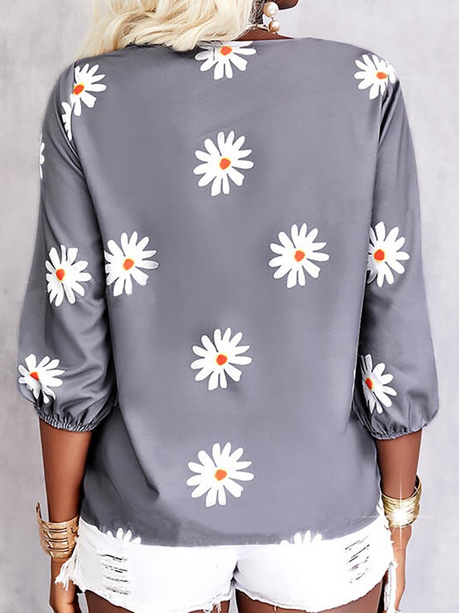 Floral Loosen Bishop Sleeves V Neck Shirts & Tops
