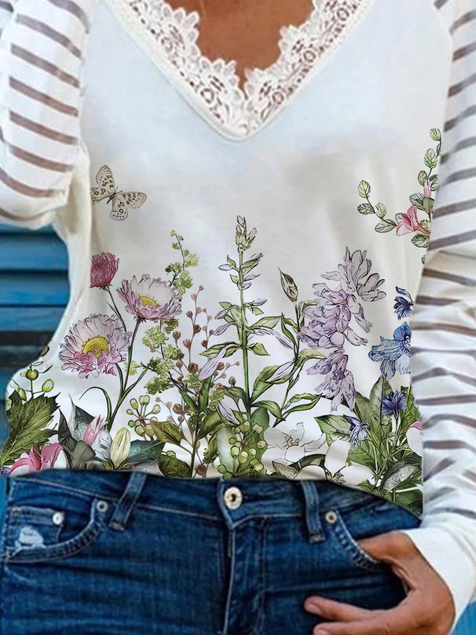 Floral Lace Long Sleeves V Neck  Plus Size Casual Tops