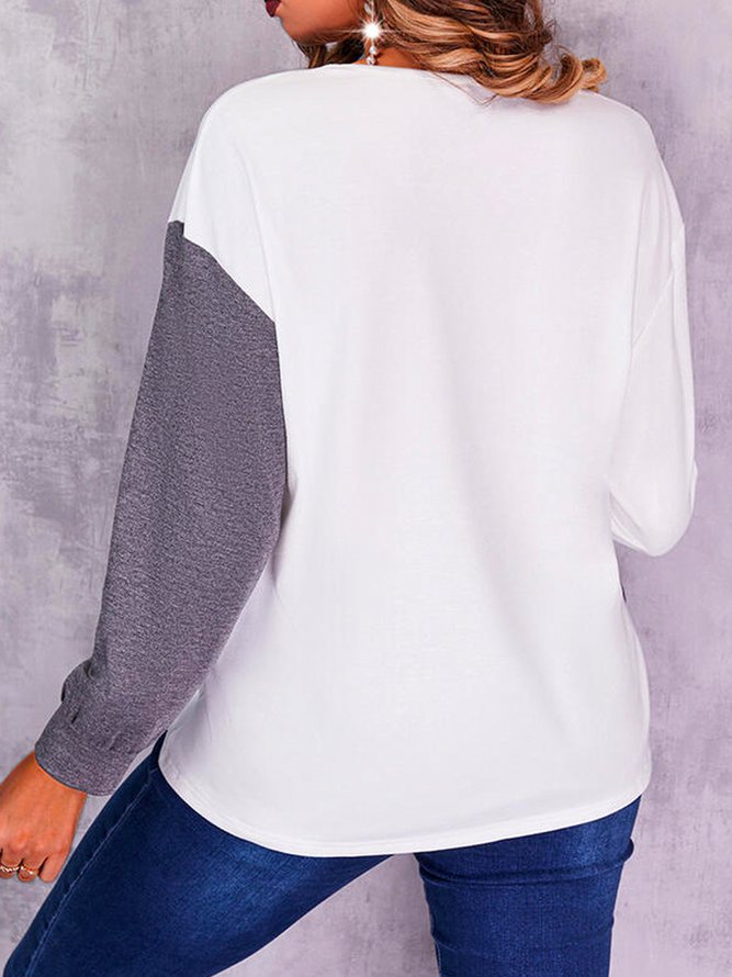 V Neck Cotton Blends Casual Long Sleeve T-shirt