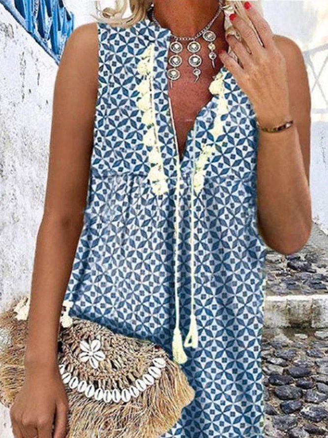 Boho Geometric Printed Tassel V Neck Sleeveless Short Dress