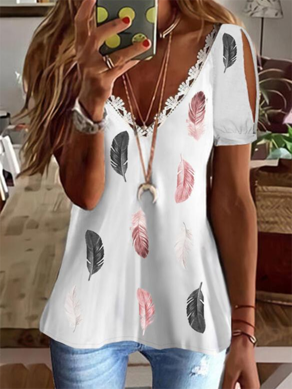 Feather V Neck Casual Short Sleeve T-Shirt