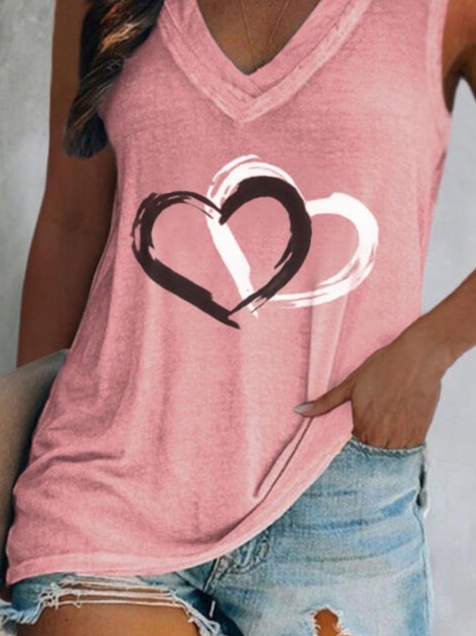 Casual Heart Sleeveless V Neck Plus Size Printed Tank Tops Top Vests