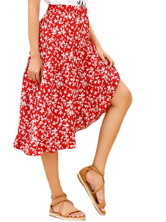 Mid-high waist a-line large swing skirt ruffled irregular casual floral skirt