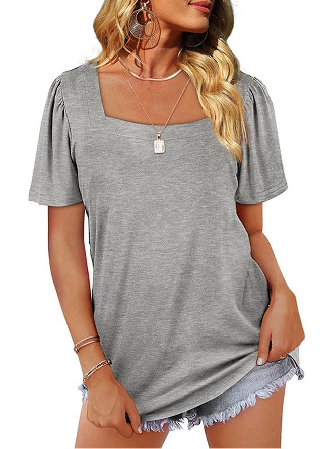 Casual Solid Square Neck Short Sleeve T-Shirt