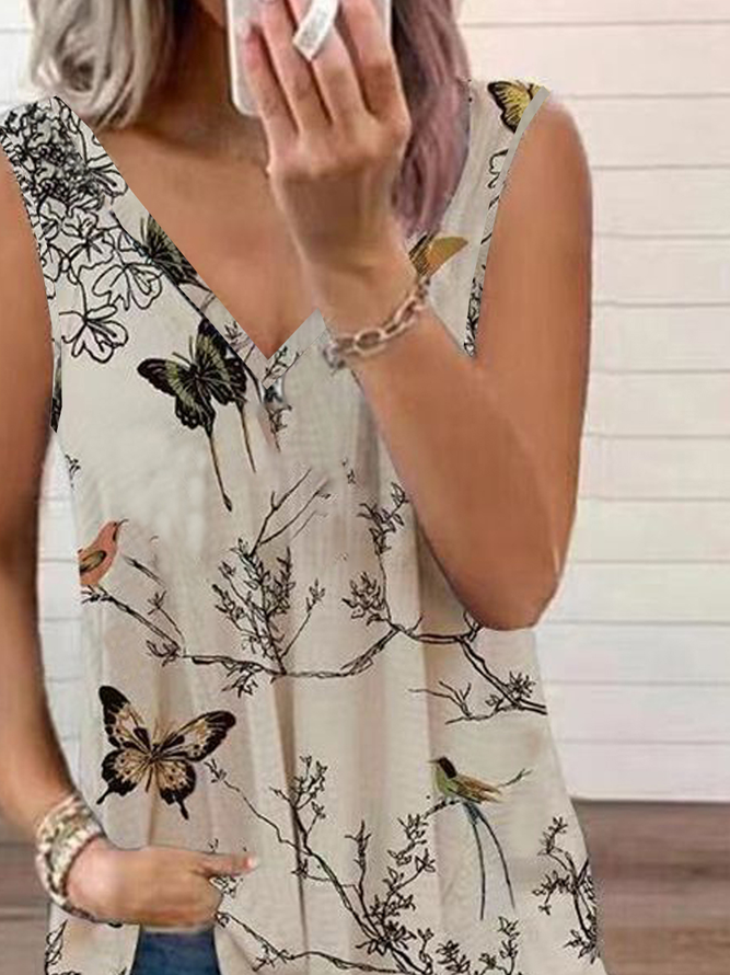 Butterfly Floral Printed Casual Loosen V Neck Knit Tank