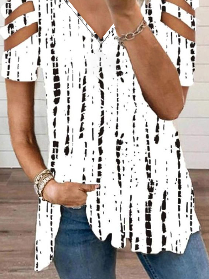 Tribal Geometric Striped Casual Hollow Out V Neck Loosen Short Sleeve Tunic T-Shirt