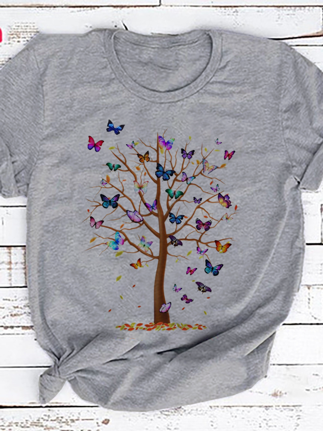 Casual Crew Neck Butterfly Printed Short Sleeves T-Shirt Shirts & Tops