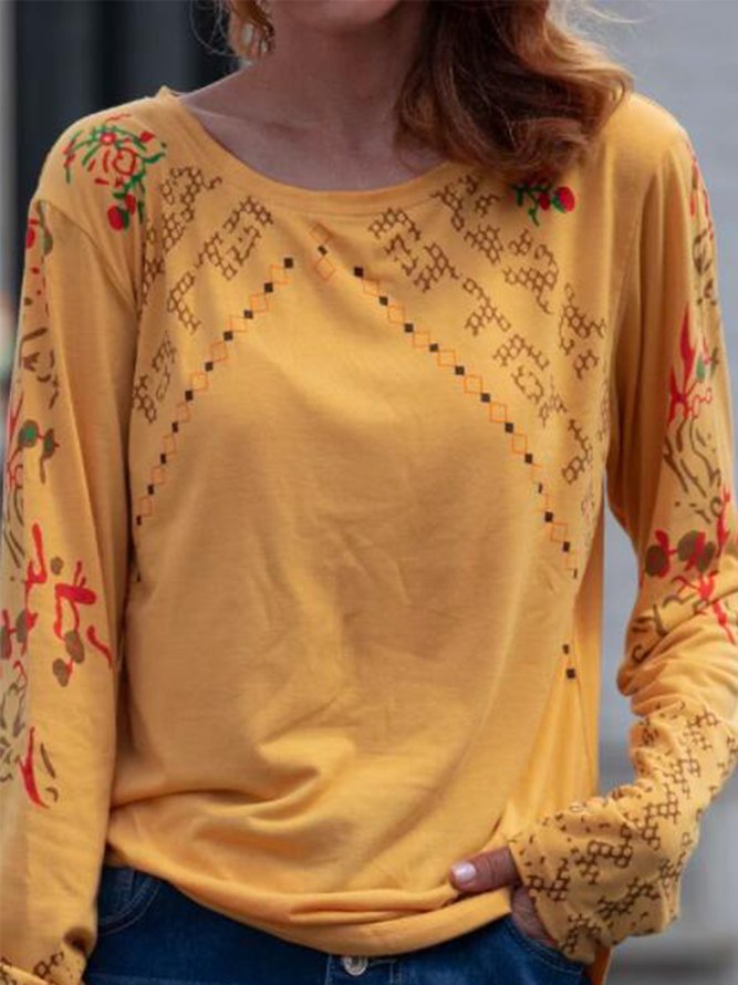 zolucky Ethnic Hollow-Out Long Sleeve Round Neck Women Top