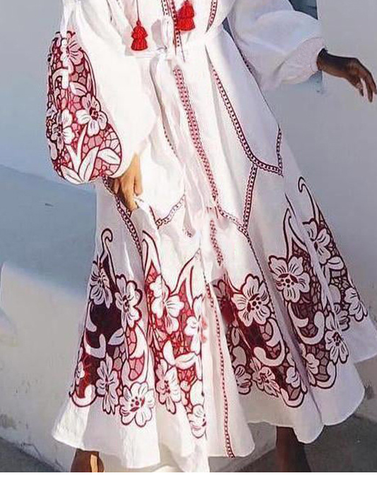 Loosen Boho Tribal Geometric Floral V Neck Raglan Sleeve Long sleeve Woven Dress