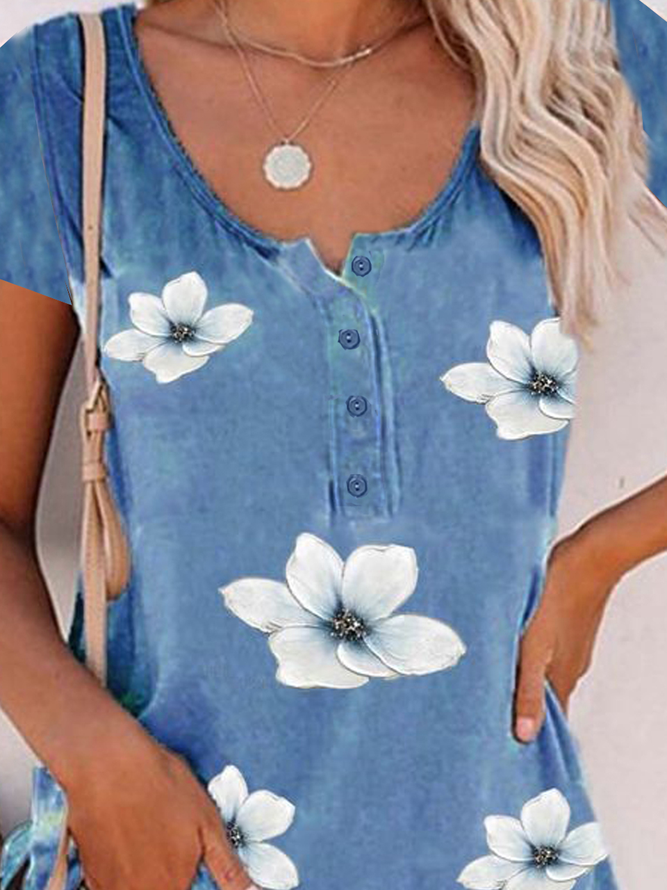 Floral Casual Crew Neck Loosen Buttoned Short Sleeve T-Shirt