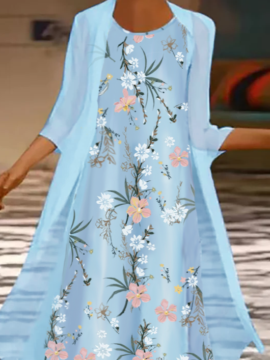 Three Quarter Sleeves Floral Printed Loosen Weaving Dress Suits