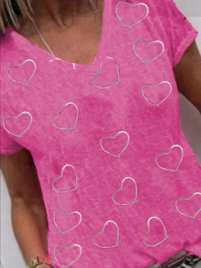 Casual Cotton Blends Short sleeve Heart Printed Top Pink T-shirt