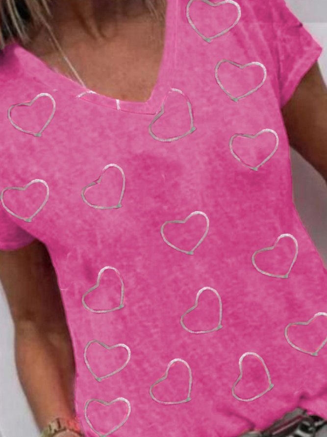 Casual Cotton Blends Short sleeve Heart Printed Top Pink T-shirt