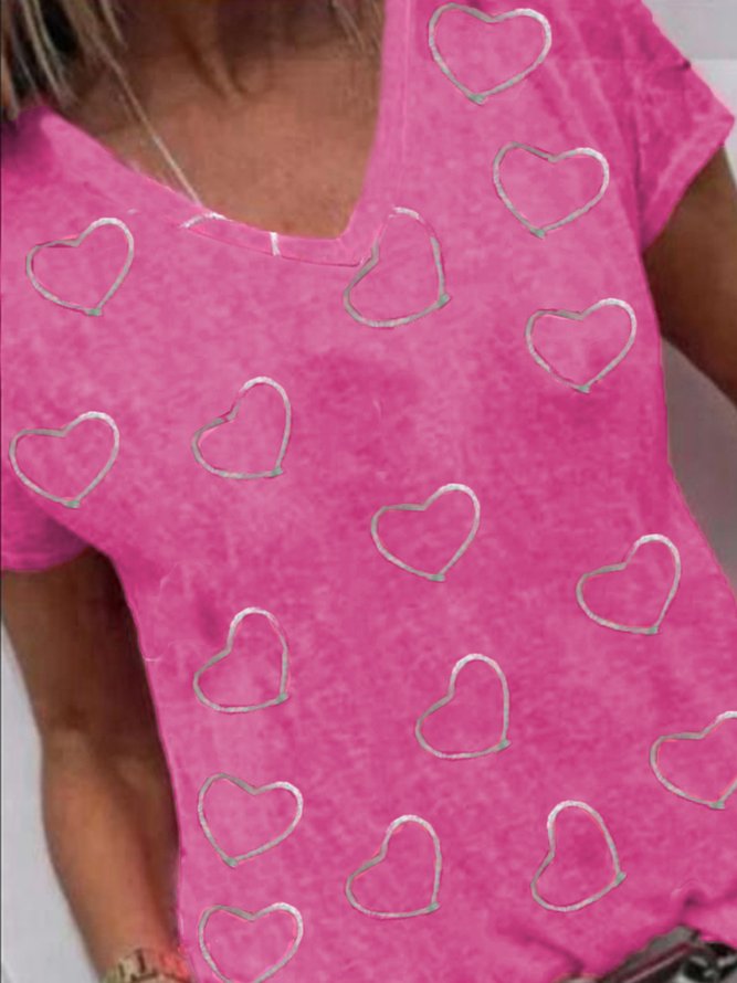 Casual Cotton Blends Short sleeve Heart Printed Top Pink T-shirt
